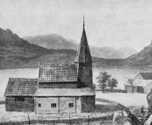 Gamlekyrkja på Hafslo slik ho såg ut kring 1860